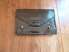 Antique Vintage Made in France Black Faux Aligator Envelope Clutch Bag 