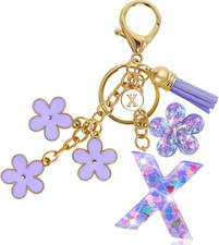 Resin Alphabet Initial Letter Keychain Tassel Flower Pendant Key Ring for Purse