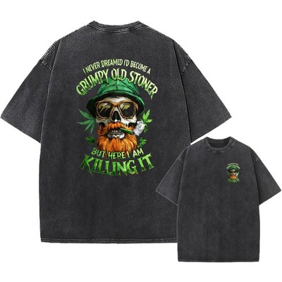 Vintage Oversized Washed Tee,Skull Grumpy Old Stoner Print Unisex Casual T-Shirt