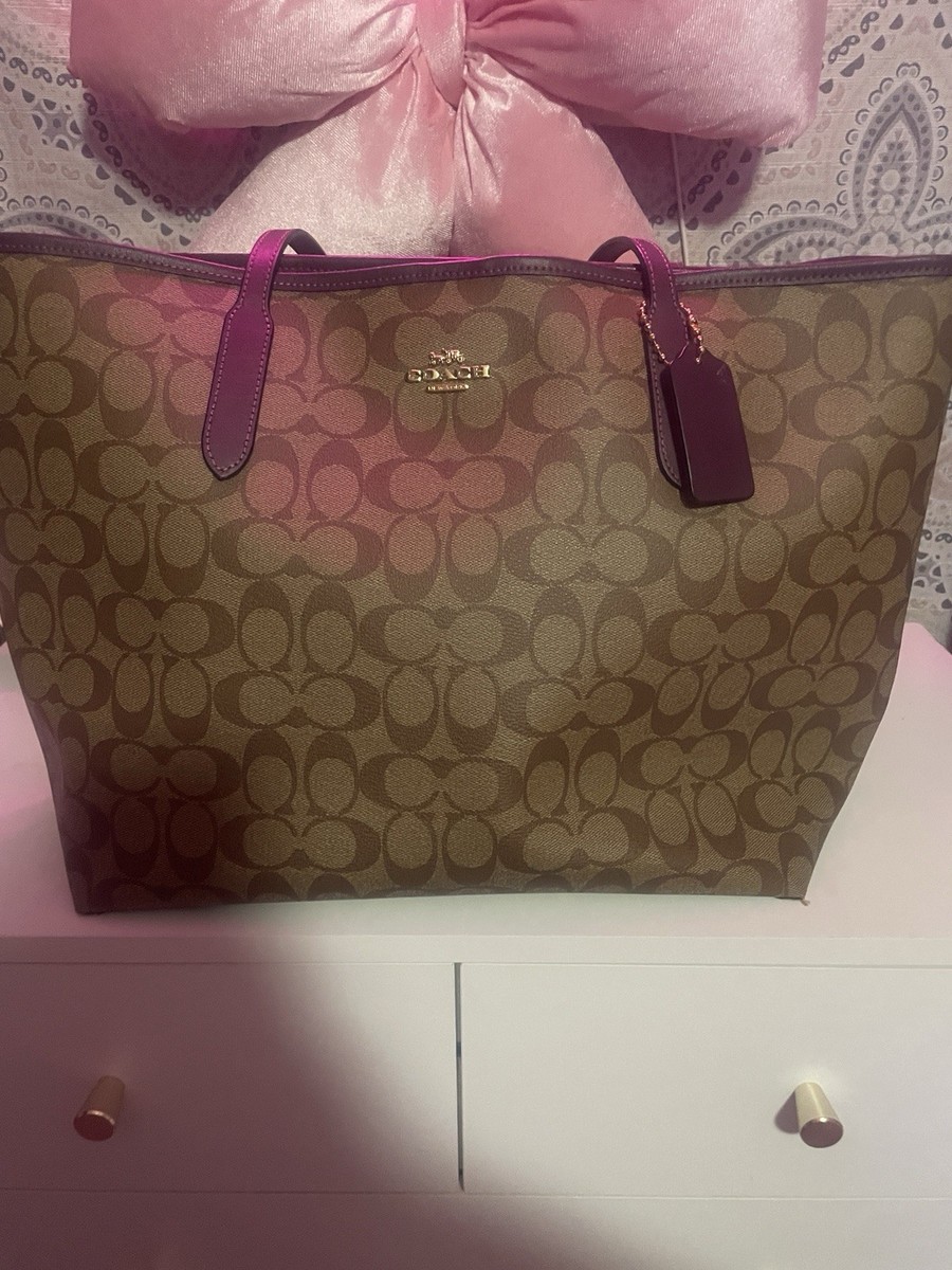 Coach Brown Purple Logo Tote Bag with Gold Hardware and Inner