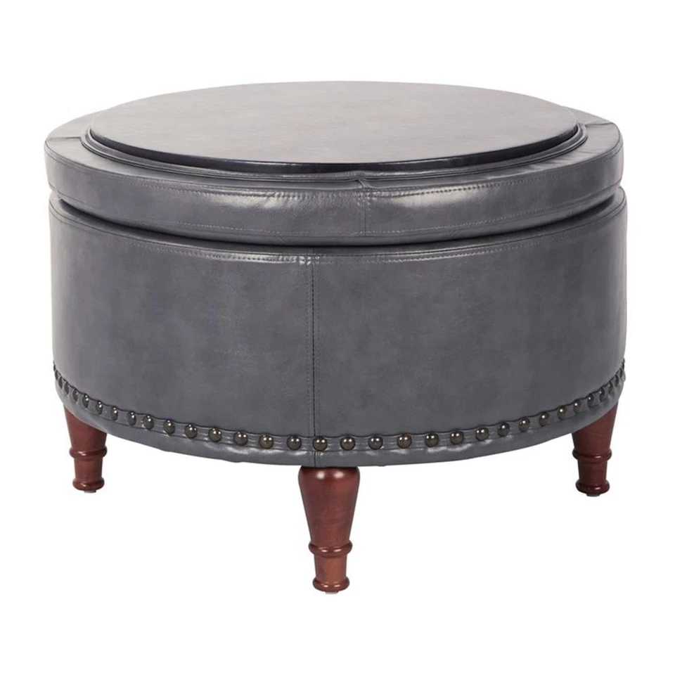 Alloway Storage Ottoman in Pewter Faux Leather with Antique Bronze Nailheads - Image 2 of 4