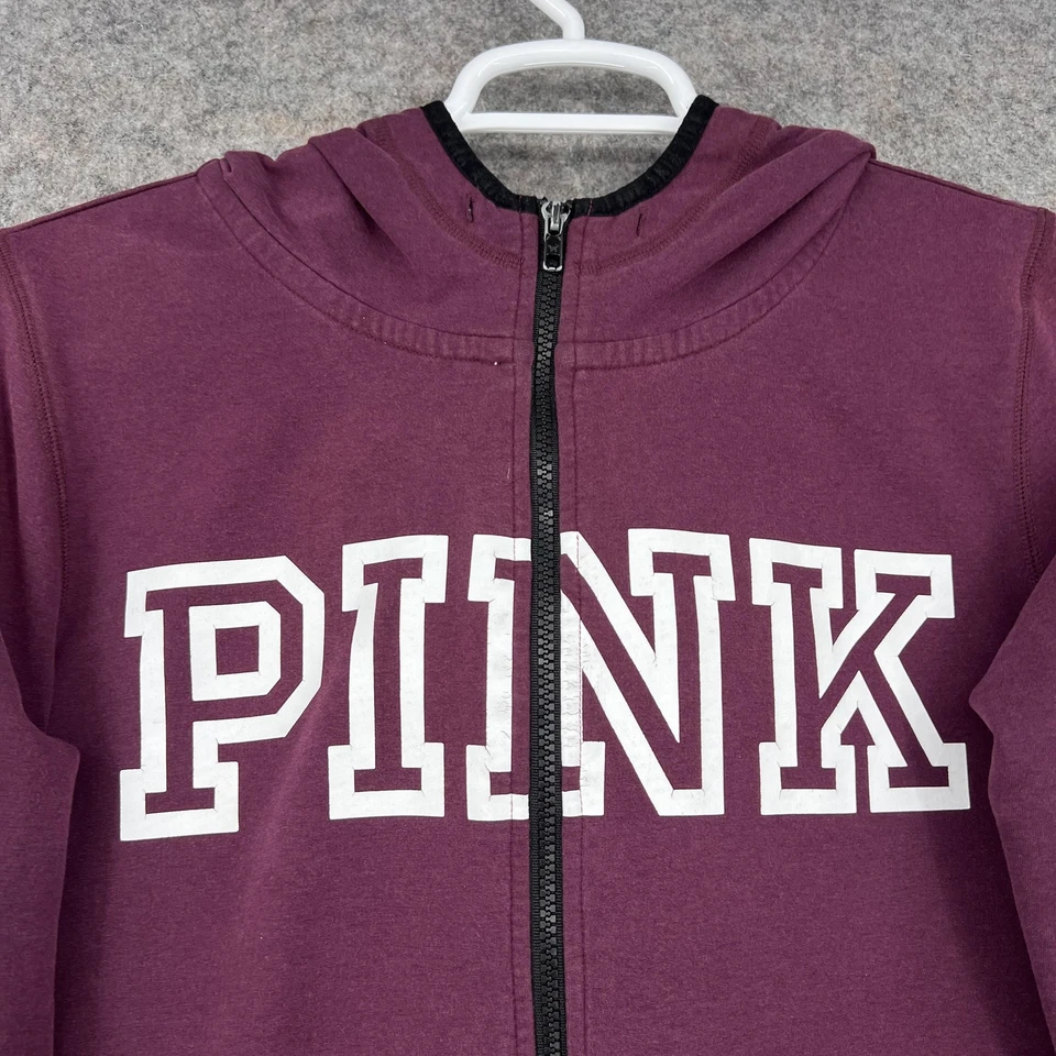 ROSA Victoria's Secret Sudadera con Capucha Mujer Grande Borgoña Cremallera Completa Logotipo Agujero para el Pulgar Foto 3 de 4