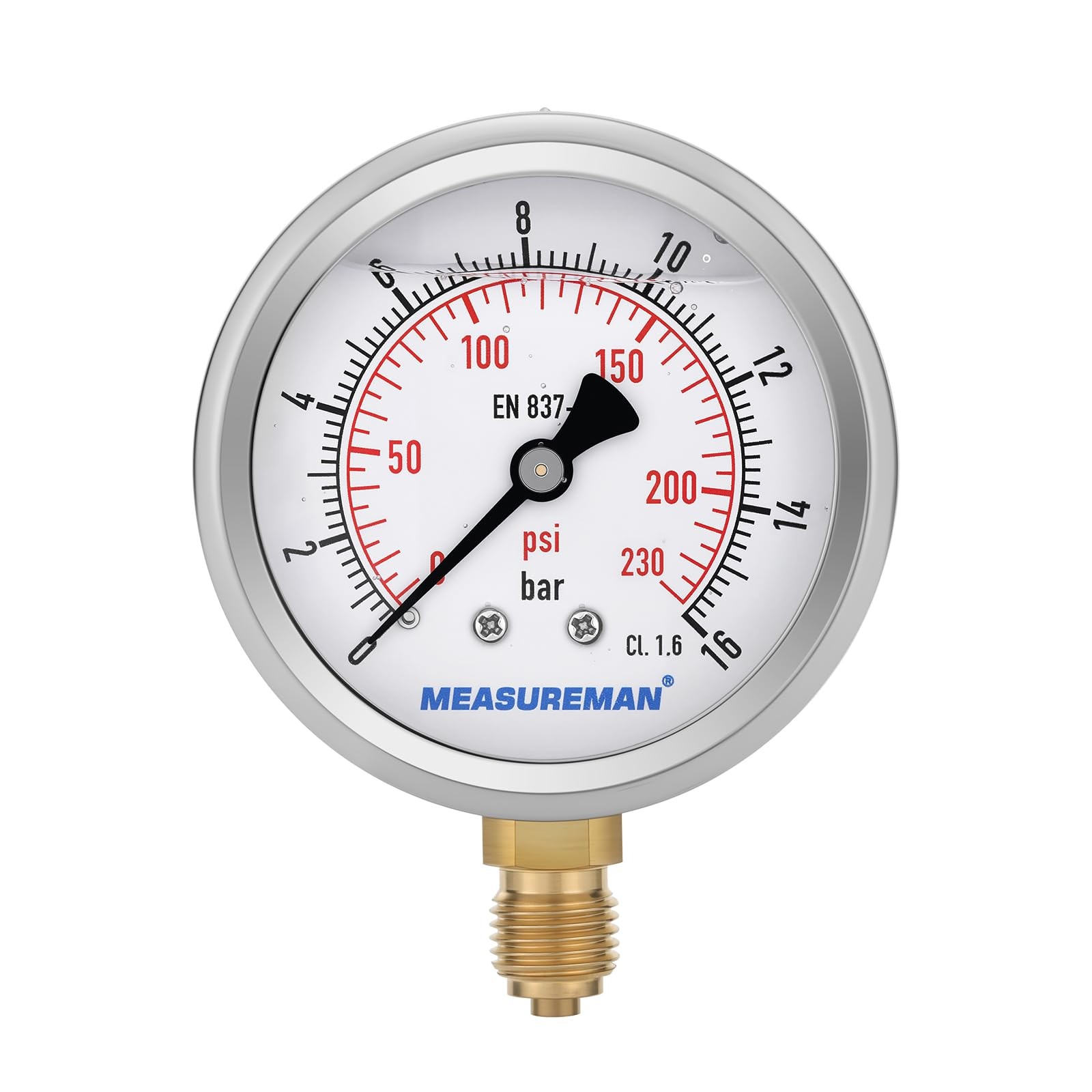 Manomètre glycérine 0-16 bar anti-vibration avec boîtier acier pour pompe à eau