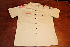 Boy Scouts of America BSA Men's Shirt Tan Large Sewn Patches Short Sleeve