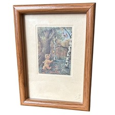 Vintage Joyce Hayashi Framed Teddy Bear Chasing Butterfly Print Framed Art 7.5"