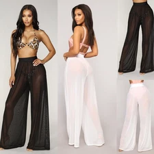 Mesh Sheer Women See Through Boho Wide Leg High Waist Beach Long Loose Pants