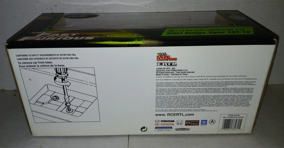 Ertl Racing Champions 1:18 Fast and the Furious 2003 Dodge Viper SRT-10 Yellow - Image 4 of 4