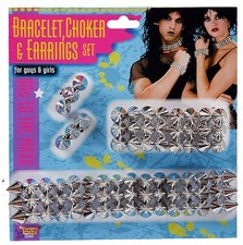 Spiked 80s Bracelet Choker Earrings Studded Spikes Silver Spike Punk Costume NEW