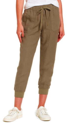 Caslon Linen Pants Medium 6 8 Green Cropped Cuffed Drawstring Waist Pockets NWT