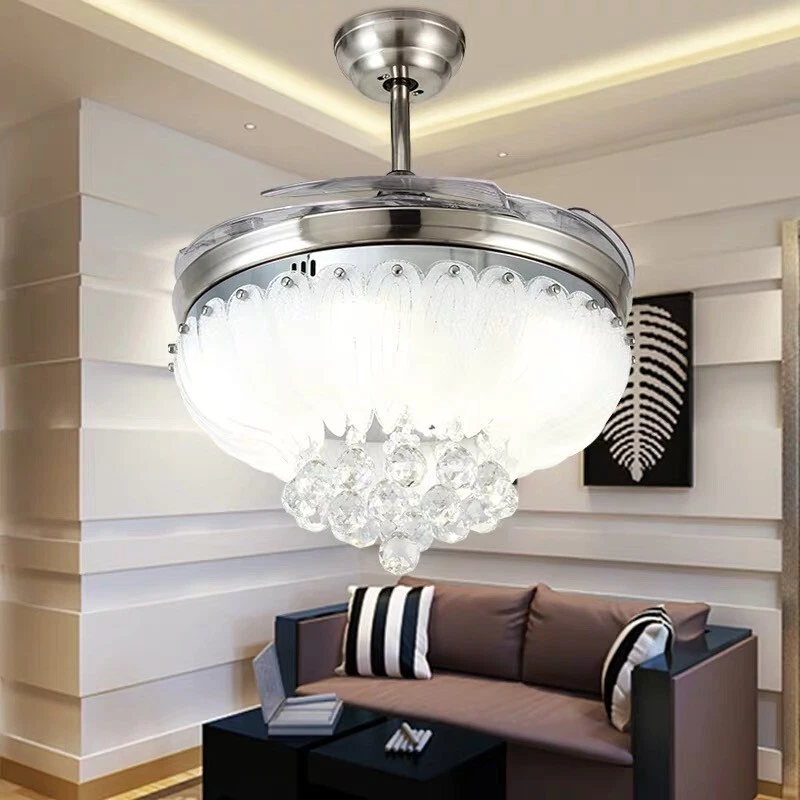 Modern 42" Crystal Chandeliers Remote Invisible Ceiling Fan w/LED Light Fixtures - Image 3 of 4