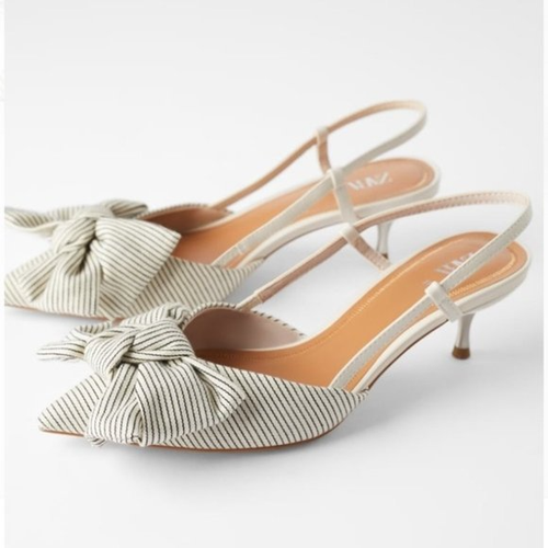 ZARA Women's Y2K Striped Bow Kitten Heels Mules Slingback Cream Gray Size  6.5 | eBay