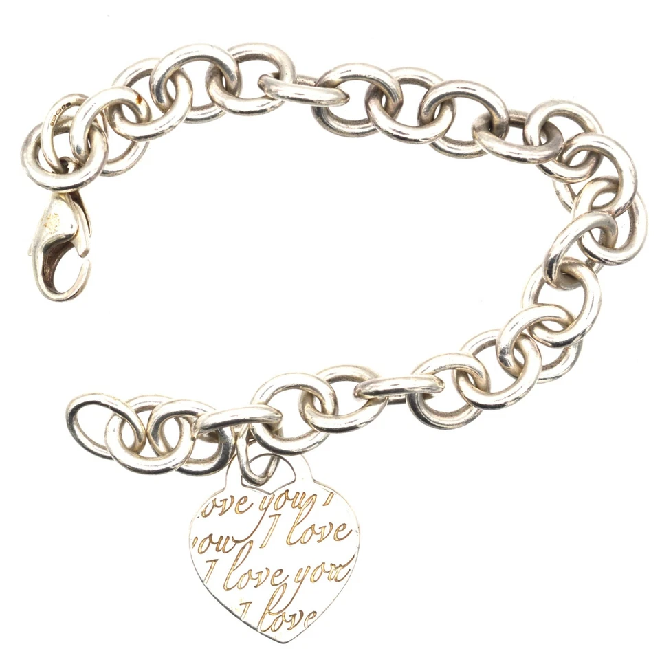 Tiffany and Co 'I Love You' Writing Heart Link Curb Bracelet Hallmarked AG 925 - Image 3 of 4