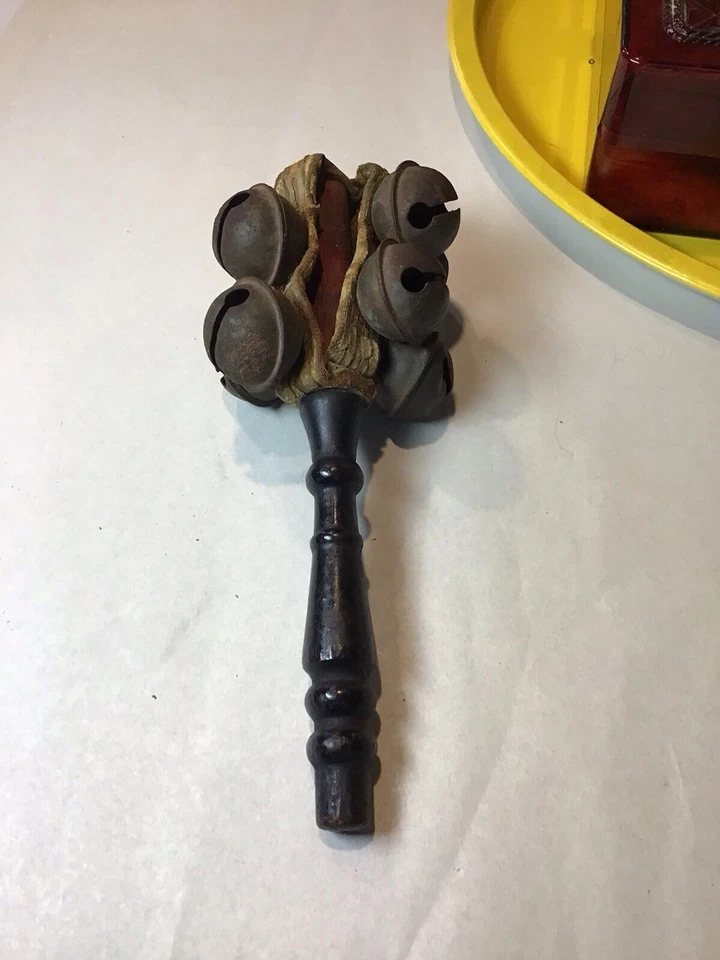 Antique Christmas Victorian Wood & Leather Jingle Bells Primitive Baby Rattle - Image 3 of 4