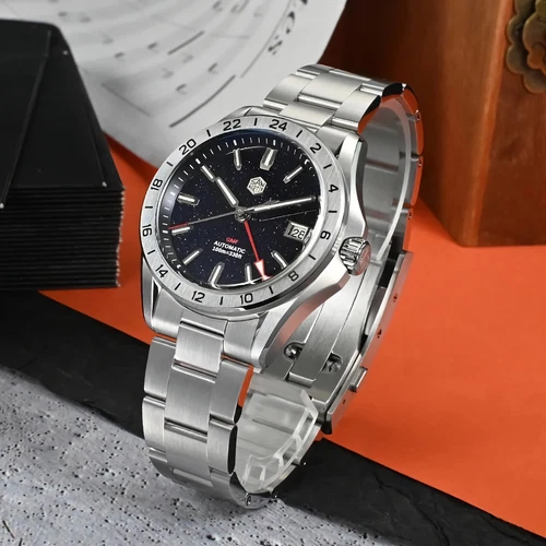SAN MARTIN SN0129-G-B GMT Automatic Gemstone Dial Date Display 39mm 10ATM Watch - Picture 6 of 44