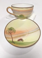 Antique Nippon Cup And Saucer Hand Painted Matte Finish Tree Detailed Cup Handle