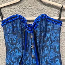 Corset Womens XS Blue Paisley Gothic Dominatrix Ruffle Bustier Vampire Burlesque
