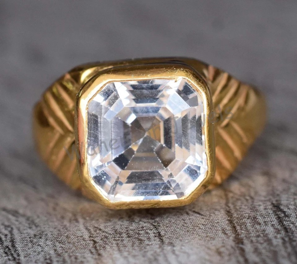 Anillo de plata de ley 925 con zafiro natural Asscher aspecto vintage certificado para hombre Foto 3 de 4