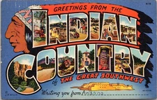 Large Letter Greetings, Indian Country of Great Southwest - 1936 Linen Postcard