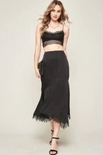 ZumBuys Asymmetrical Midi Skirt, Black, Mermaid Silhouette with Lace Trim