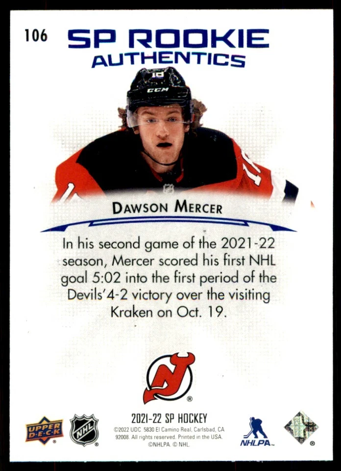 2021-22 SP Rookie Authentics Blue Dawson Mercer RC #106 - Image 2 of 2