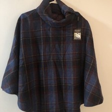 Mucros Weavers 100% Irish Wool Blue Plaid Poncho O/s Nwt