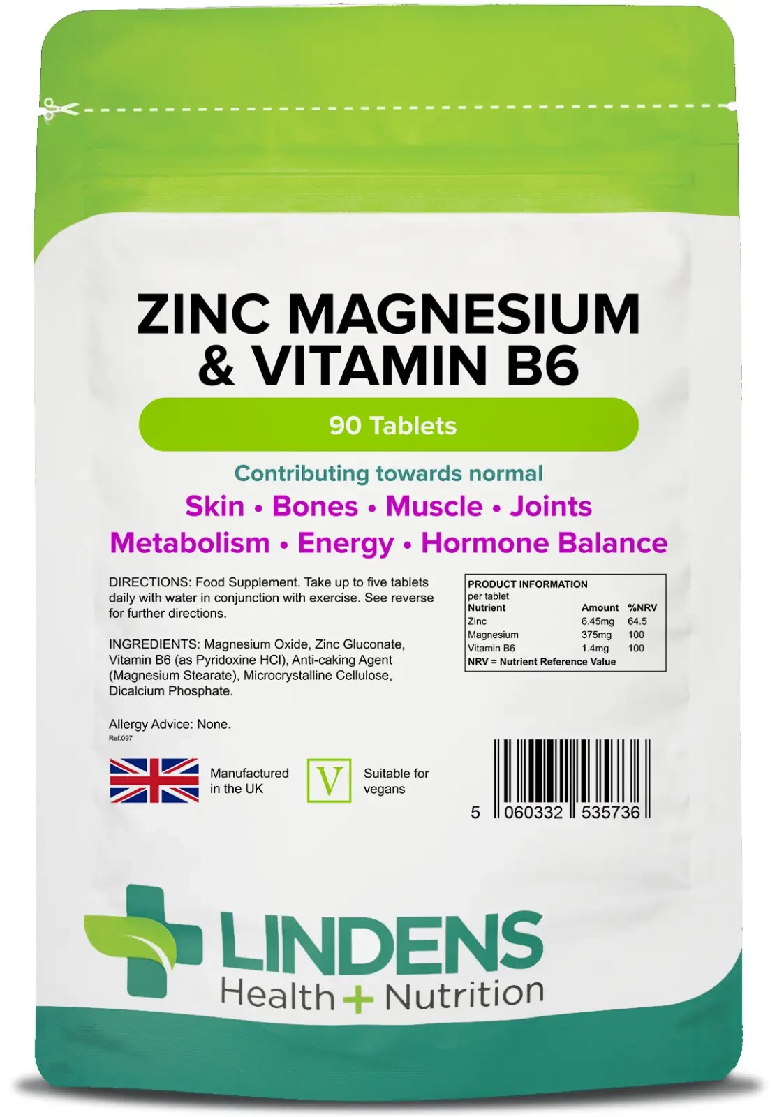 Zinc Magnesium Vitamin B6 High Strength 90 Tablets Fatigue Support Lindens - Image 5