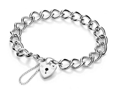 STERLINGSILBER BETTELARMBAND PANZERKETTE GLIED HERZ VORHÄNGESCHLOSS SICHERHEITSKETTE CHARMS