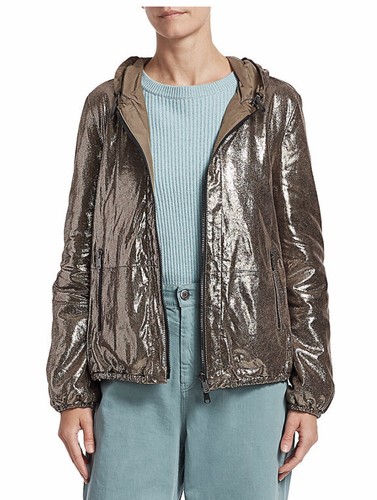 New Brunello Cucinelli Sparkling Leather Reversible Hooded Jacket , size 2 - Picture 5 of 11