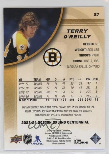 Juego de caja del centenario Boston Bruins Upper Deck amarillo Terry O'Reilly #27 2023-24 - Imagen 2 de 3