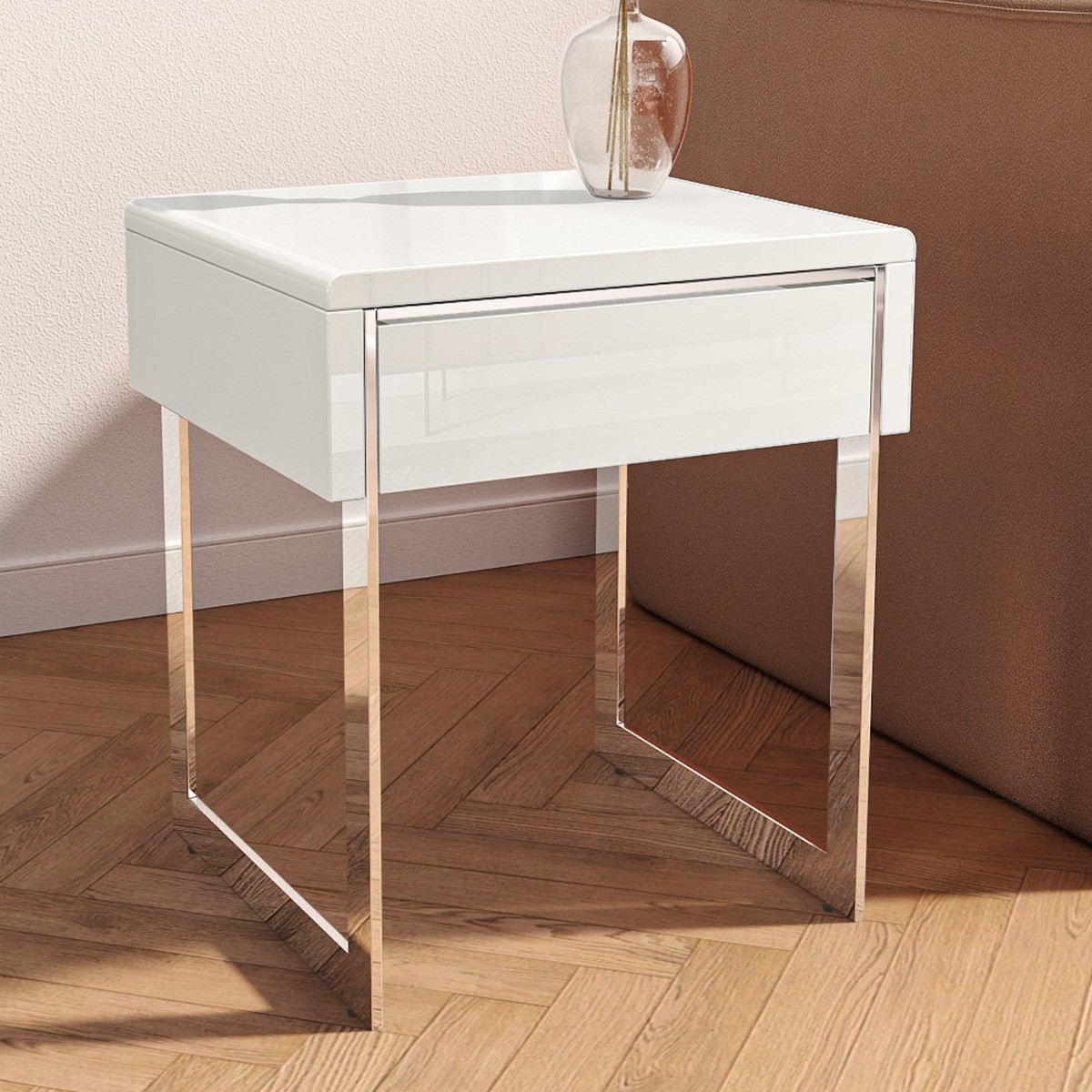 Furniture123 White Gloss Side Table With Storage Sense White High