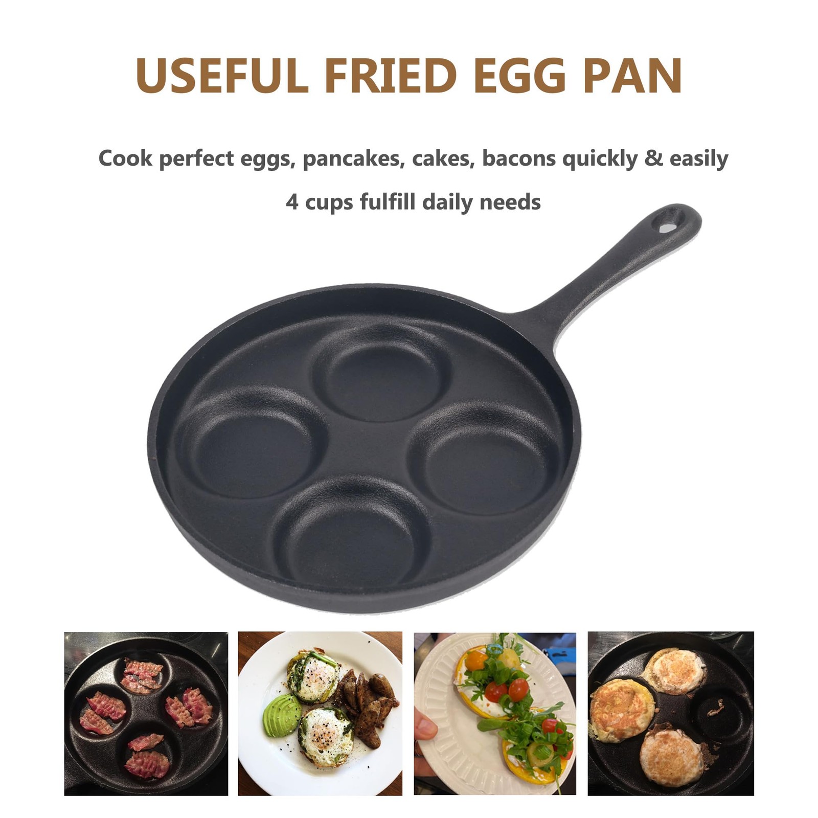 waykea 4-Cup Cast Iron Fried Egg Pan 9.5” Pancake Pan Burger Omelet Cooker Gr...
