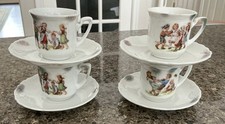 Vintage Set Of 4 German Mini Teacups Saucers Children At Play 40 s READ