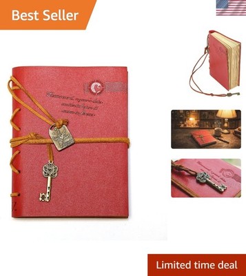 Vibrant Red Vintage Leather Journal with Antique Key - 320 Pages of Creativity