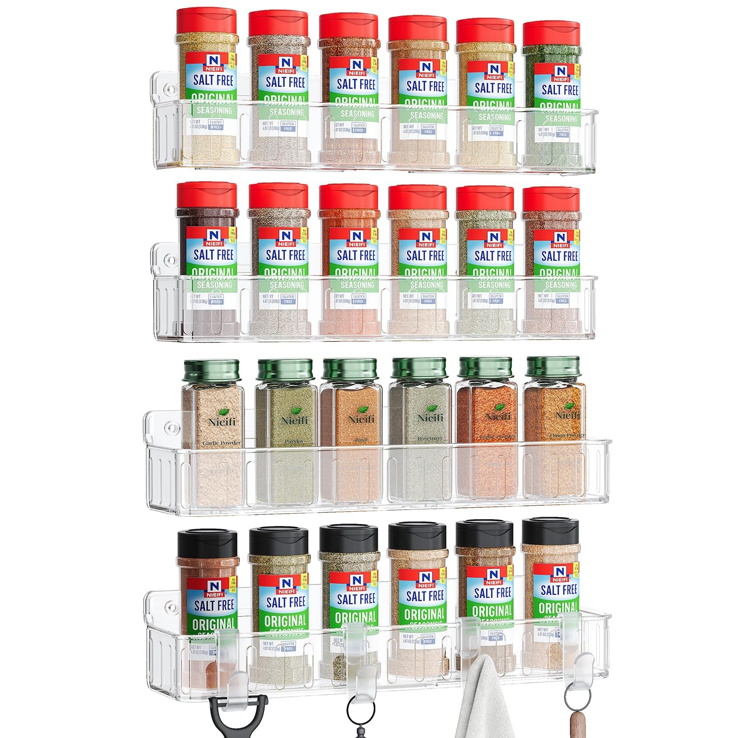 Spice Rack Wall Mount, 4 Pack, Clear, Screw or Adhesive Installation, Spice R...