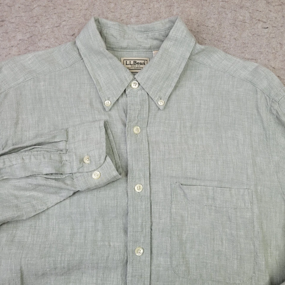 LL Bean 100% Linen Shirt Mens M Green Long Sleeve Button Down Lightweight - Image 2 of 4
