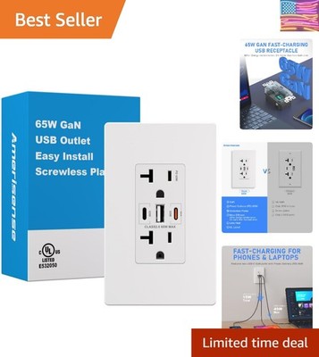 ] GaN 65W 6Amp 3-Port USB Wall Outlet, 20 Amp Tamper-Resistant Receptacle wit...