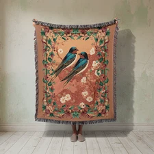 Swallow Bird Woven Blanket, Vintage Tapestry, Romantic Cottagecore Jacquard
