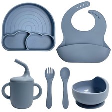 6 Pack Silicone Baby Feeding Set with Suction Plate Spoon Fork Bowl Cup Bib