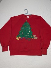 Vintage Jerzees Sweatshirt Womens L Red Ugly Christmas Tree Applique 90s USA
