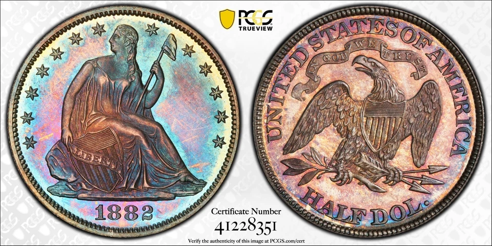 1882 Silver Half Dollar PCGS PR66+ Misplaced Date WB-102 Multicolor Toned Proof - Image 3 of 4