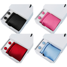 Men Neck Tie Pocket Square Handkerchief Cufflink Wedding Formal Set With Box