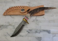 NEW 8.5" Damascus Steel Hunting Skinning Knife Deer Horn Handle~Leather Sheath 