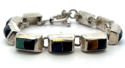 Sterling Silver 7  Bracelet w/ Onyx, Coral, Malachite, Lapis & Tiger Eye 37.7 Gr