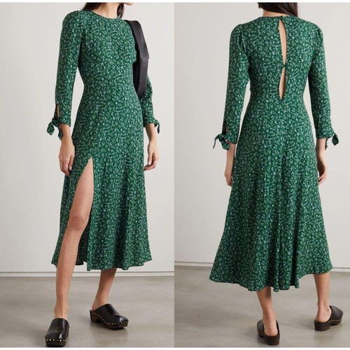 Reformation Zelda Dress Button Back Slit Midi Rosmarie Green 0