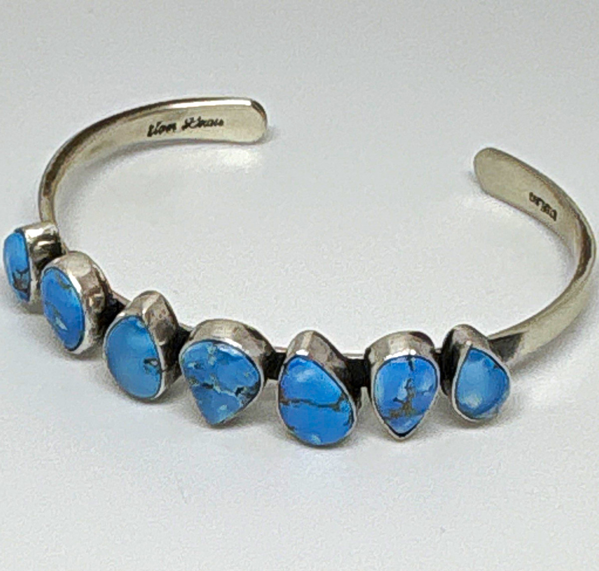 Tom Lewis Native American Golden Hills Turquoise 7-stone cuff signed 6.5-7”
