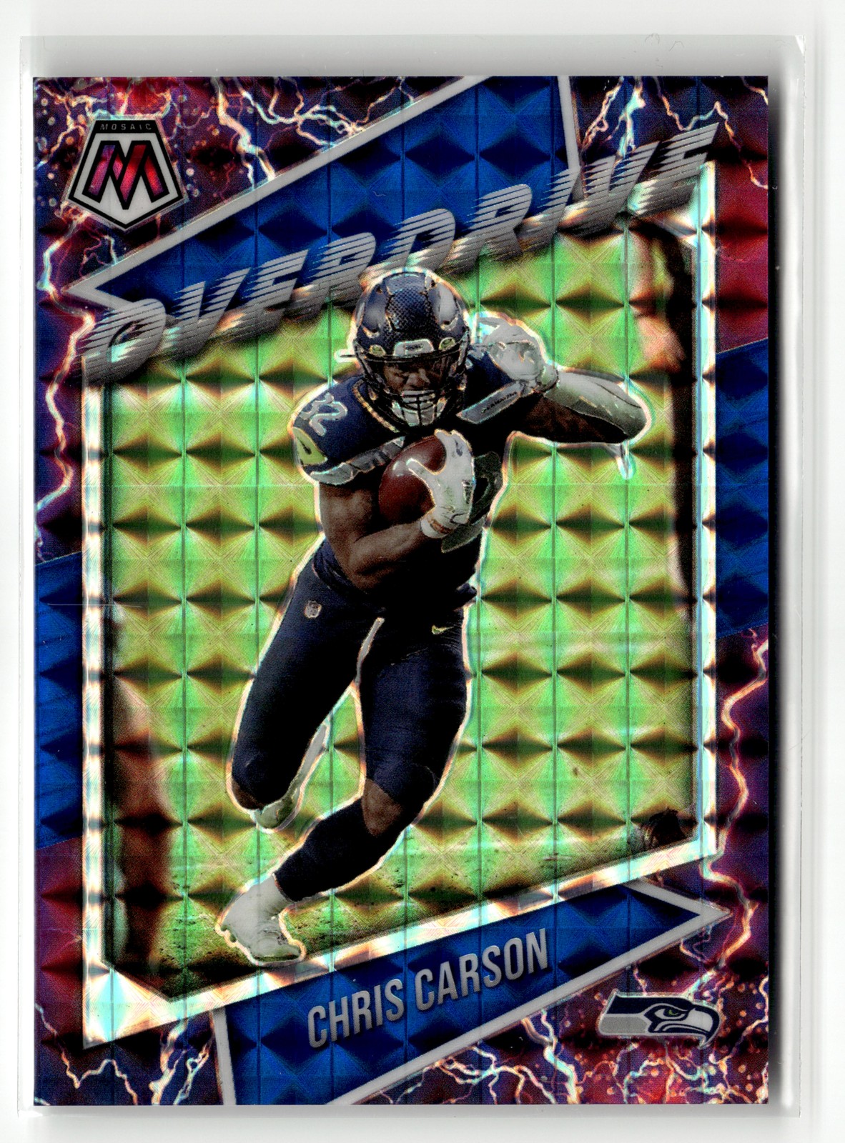 Chris Carson 2021 Panini Mosaic #OV-20 Overdrive Prizm Blue #/99