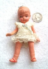 Vintage Miniature 4.75" Bisque Jointed Doll w/Cute Dress & Hair Bow