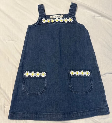 NWOT Mini Boden Denim Jumper Dress Daisy Chain Trim Pockets Girls Size 4/5