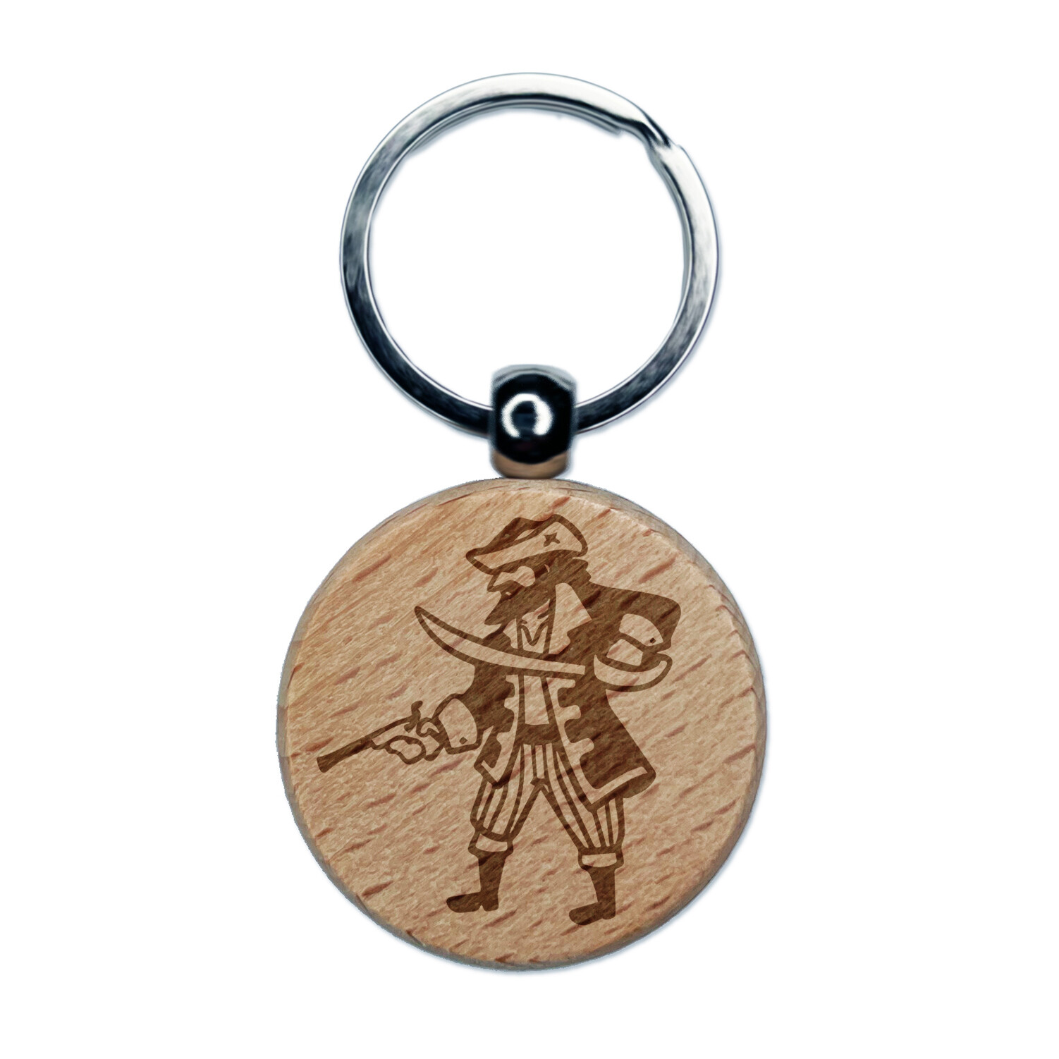 Pirate Cutlass Flintlock Pistol Engraved Wood Round Keychain Tag Charm