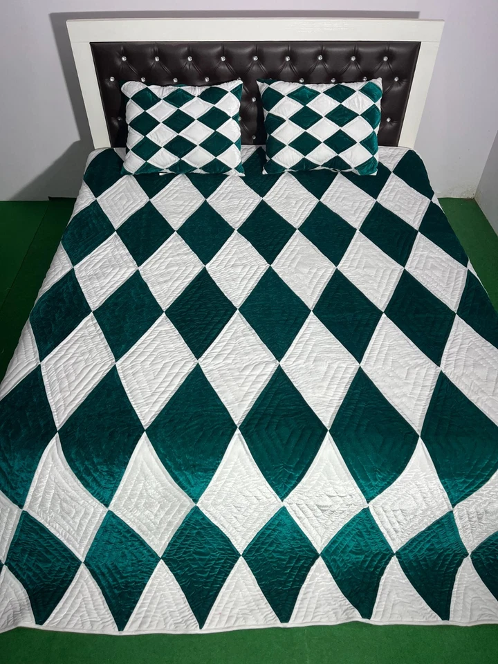 Checked Pattern Handmade Quilt Velvet Bedspread Comforter Bedding Quilt - Image 4 of 4